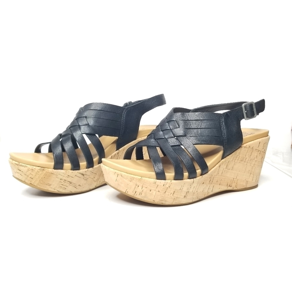 Kork-Ease Adelanto Black Wedge Wooven Front Sling Back Platform Sandals Sz 10m